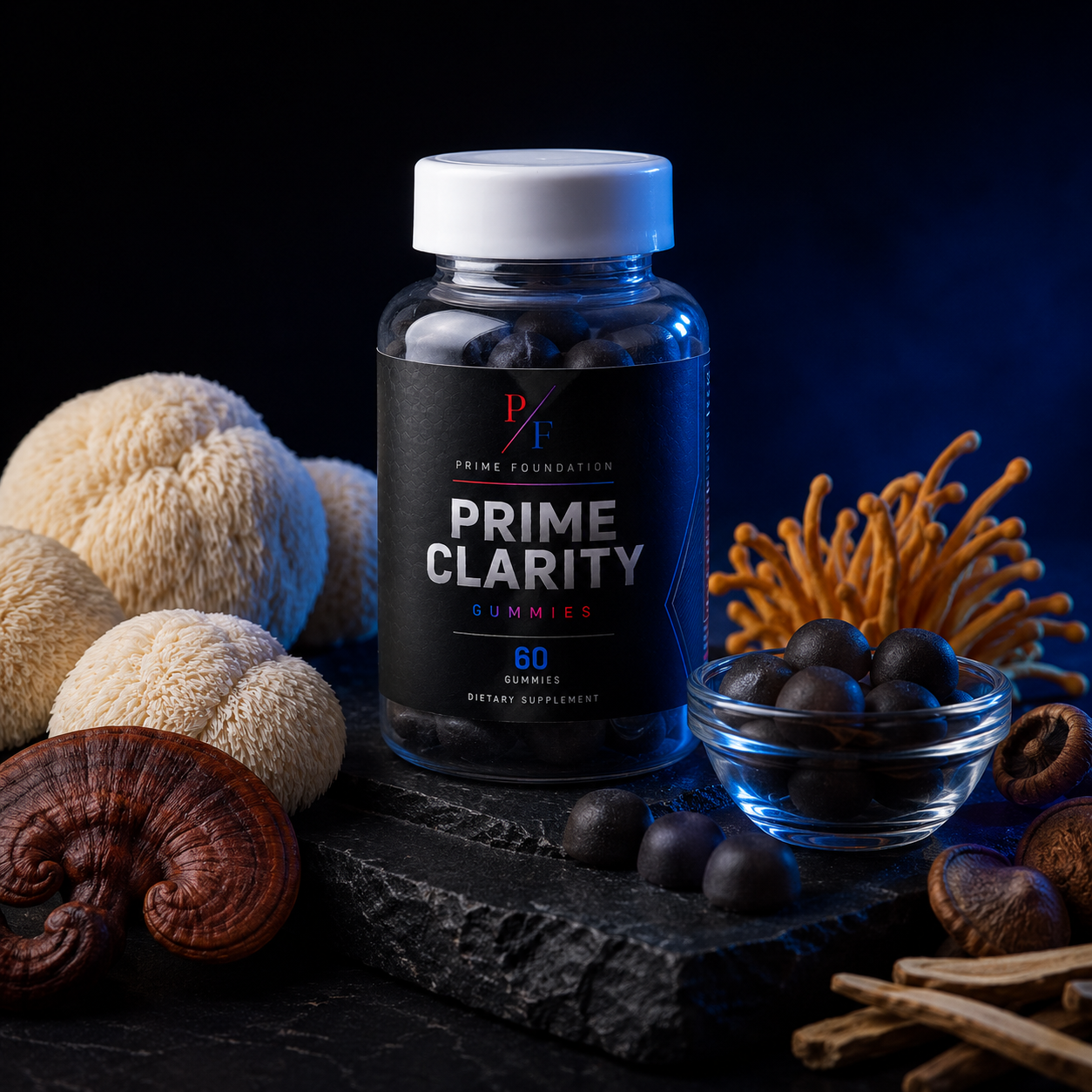 Prime Clarity Gummies bottle with mushrooms