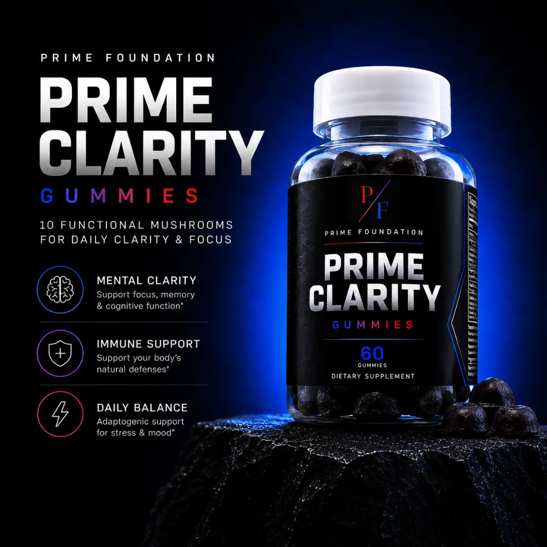 Prime Clarity Gummies bottle with 10 functional mushroom extracts